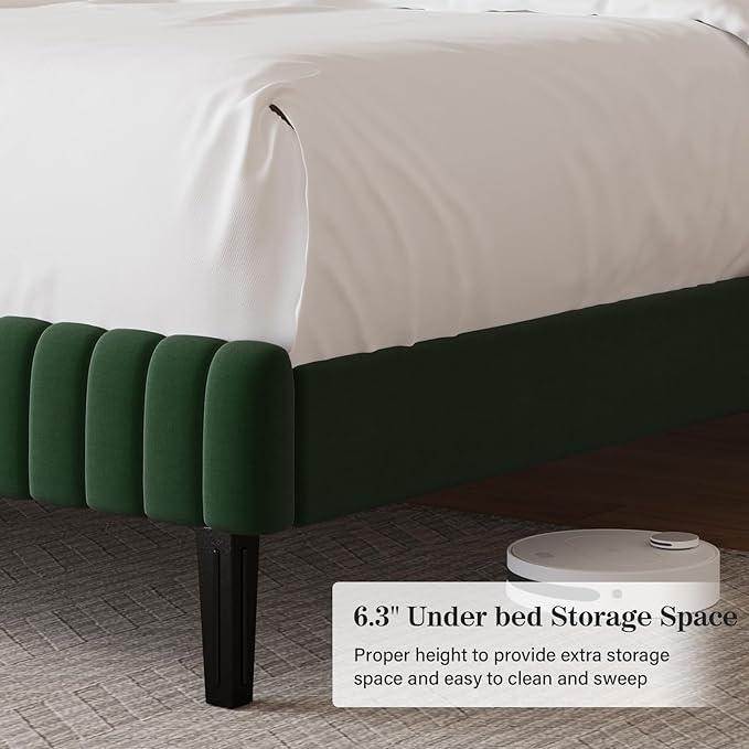 Twin Bed Frame, Velvet Upholstered Platform Bed with Vertical Channel Tufted Headboard and Footboard, No Box Spring Required, Easy Assembly, Green