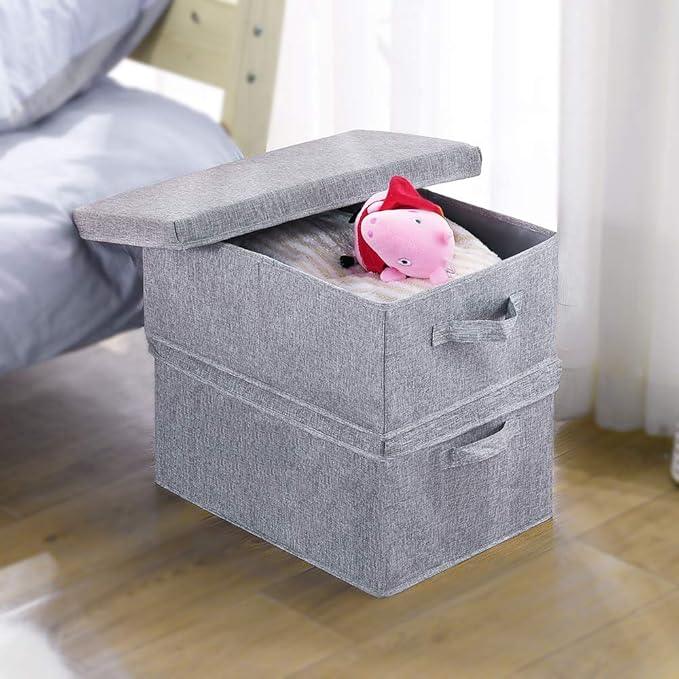 HOONEX Linen Foldable Storage Bins with Lids, 2 Pack, Storage Boxes with Carrying Handles and Sturdy Heavy Cardboard, 16.5