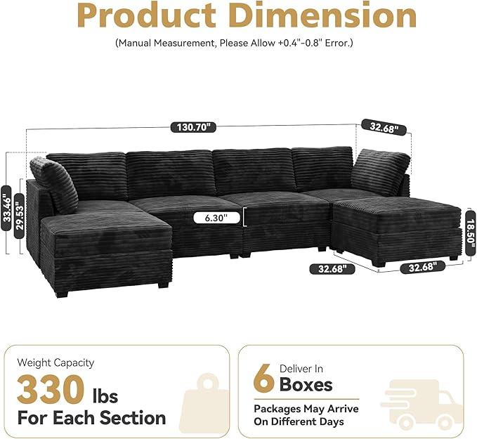 Modular Sectional Sofa, 130.7 Inch U Shaped Couch Set for Living Room, 4-Seater Comfy Cloud Couches with Two Movable Ottoman, Plush Corduroy, Black