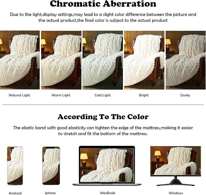 NEWCOSPLAY Faux Fur Twin Blanket Ivory 3D Ribbed Plush Thick Warm Blanket for Couch Sofa Bed 850GSM (Ivory Ribbed, Twin(60