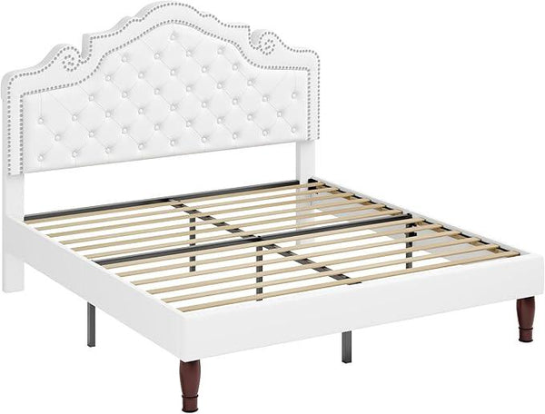 Allewie Full Size Bed Frame with Adjustable Velvet Tiara Headboard, Upholstered Diamond Button Tufted Platform Bed, Wood Slats Support, No Box Spring Needed, White