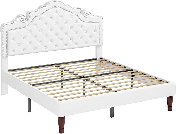 Allewie Queen Bed Frame with Adjustable Velvet Tiara Headboard, Upholstered Diamond Button Tufted Platform Bed, Wood Slats Support, No Box Spring Needed, Mattress Foundation, Easy Assembly, White