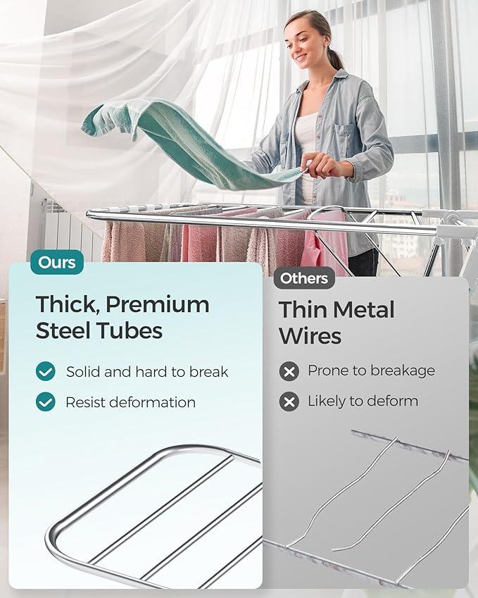 SONGMICS Clothes Drying Rack, Foldable 2-Level Laundry Drying Rack, Free-Standing Laundry Airer, with Height-Adjustable Wings, 33 Drying Rails, Sock Clips, Silver and White ULLR053W01V1