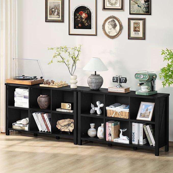 6 Cube Bookcase, Farmhouse Wood Low Storage Organizer Book Shelf, Black 47