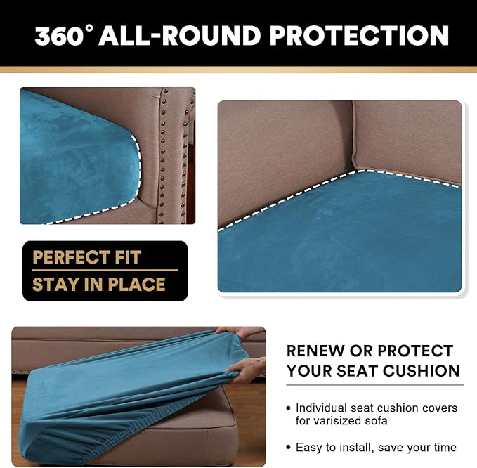 PrinceDeco Couch Cushion Covers, Stretch Washable Sofa Cushion Cover, Fitted Sofa Slipcover Velvet Fabric Non-Slip Furniture Protector for Dog,Pets, Kid (Each Width Up to 29.5