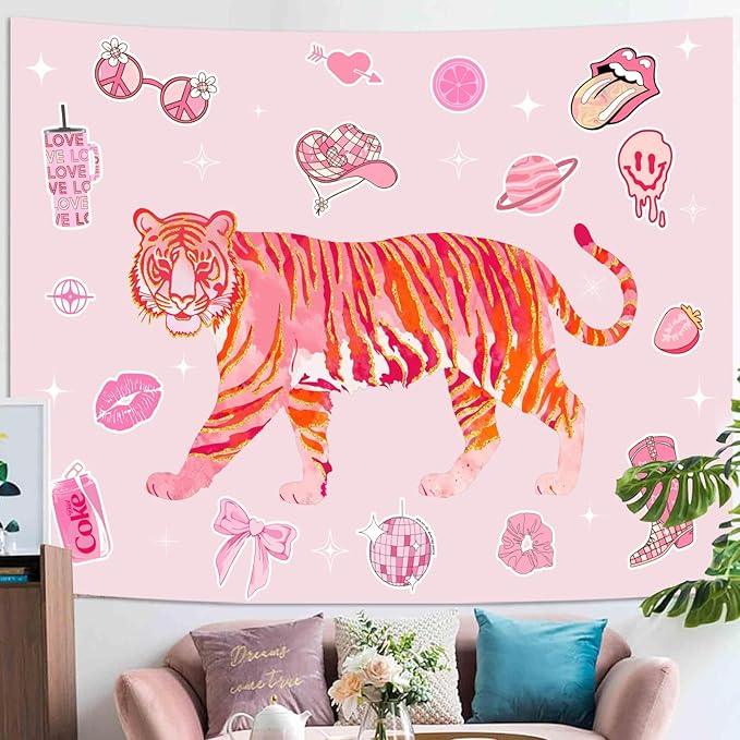 Lunerfex Y2K Tapestry Pink Tiger Wall Tapestry, Cute Tapestries for Bedroom Funny Tapestries Wall Hanging for Bedroom Living Room Decor Pink-3 44