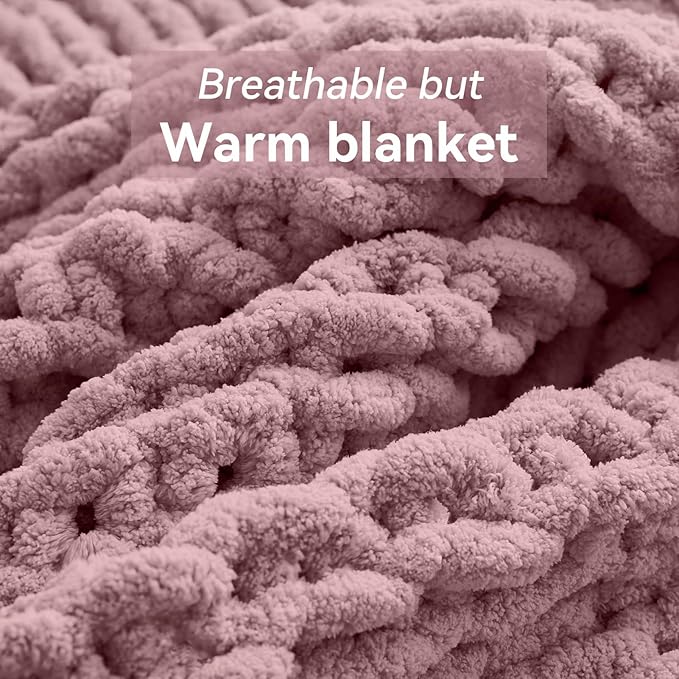 Chunky Knit Throw Blanket, 50''*60'' Knitted Throw Chenille Yarn for Bed Couch, Handmade Muted Pink Crochet Big Thick Blanket, Machine Washable Cute Comfy Blanket for Home Decor