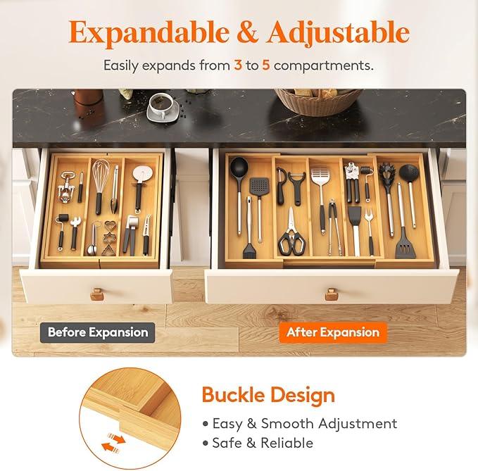 Lifewit Utensil Organizer for Kitchen Drawer, Expandable Cooking Utensil Tray, Bamboo Cutlery Silverware Flatware Holder, Adjustable Spatula Tools Gadget Storage Divider, 28 x18.5 x 2 inches, Natural