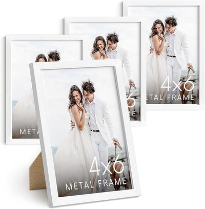 HAUS AND HUES 4x6 White Metal Picture Frames - White 4X6 Photo Frames - Features Premium Aluminum, Vertical Hanging, Easel Back for Tabletop, Home, Office (4x6 in, White, Set of 4)