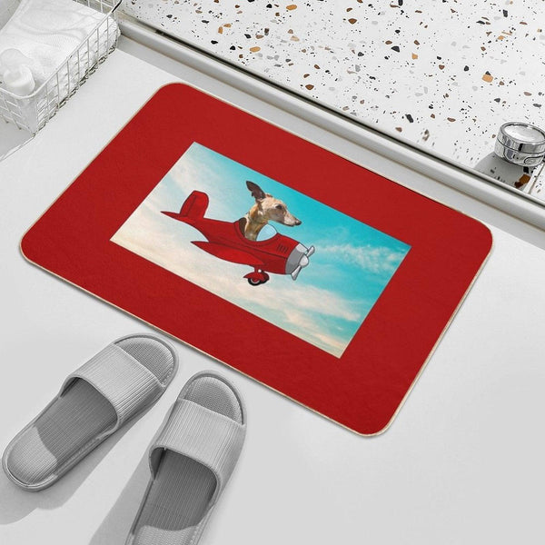 Red Background Flying Whippet Bath Mat