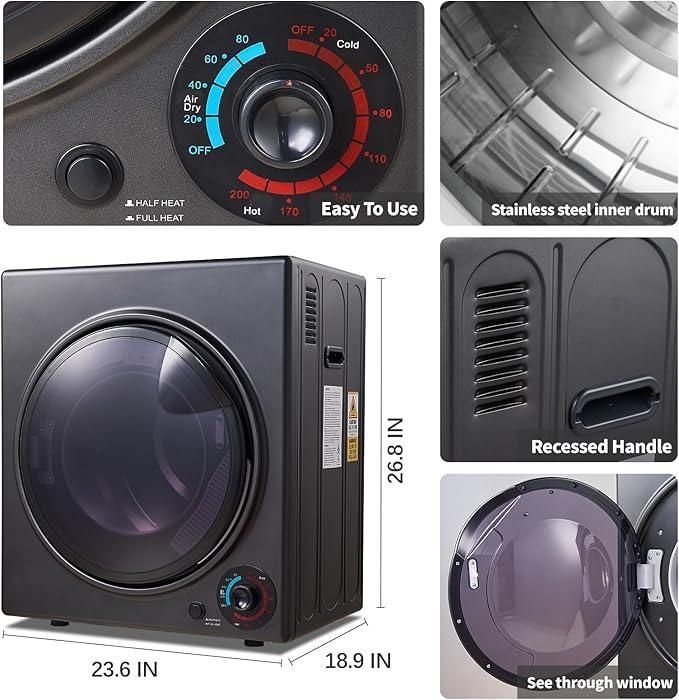 CTT 3.5 cu.ft Portable Dryer for Apartments,1500W Compact Dryer with 4 Drying Modes,120V Electric Dryers for Laundry, Apartments, RVs, Dorms, Black