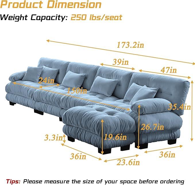 Modular Sectional Sofa, Comfy Cloud Couch 4 Seater Couch with Ottoman, Sectional Couches for Living Room, Modern Chenille L Shaped Couches, Sleeper Deep Seat Sofa with Throw Pillows, Blue
