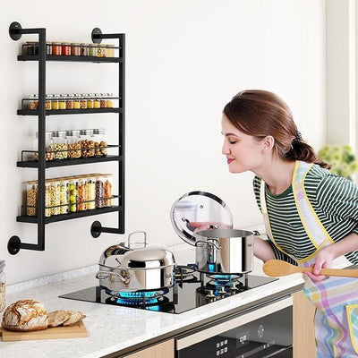 IBUYKE Spice Rack Wall Mount,4 Tier Hanging Seasoning Organizer, Spice Rack for Wall for up to 50 Jars,Spice Organization for Kitchen Cabinet,Living Room,Bathroom,Pantry,Black UTLJ016B