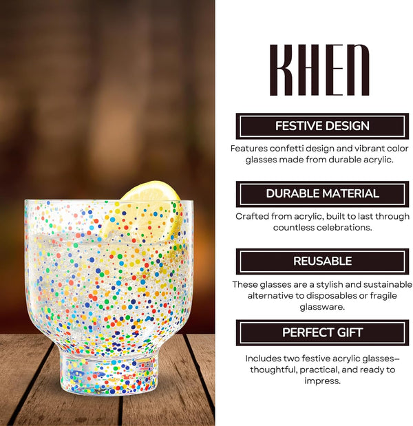 Khen Confetti Stemless Tumblers Set Colorful Drinkware - 12oz Clear