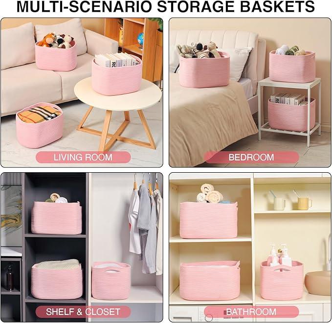 Storage Baskets for Organizing Shelves, Pink Basket for Nursery, Woven Cotton Rope Baskets for Storage, Towel Basket for Bathroom, 15