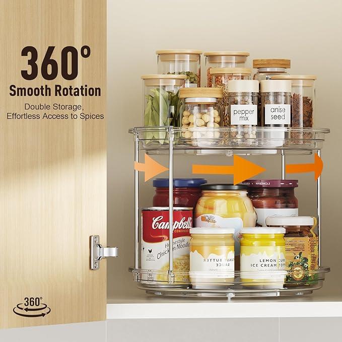 2 Pack 2 Tier Lazy Susan Organizer, 9.25'' Lazy Susan Turntable for Cabinet, Stackable Turntable Organizer Rotating Spice Rack Organization for Kitchen Countertop, Pantry, Bathroom, Clear