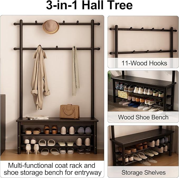 Coat Rack with Shoe Storage, Wooden Hall Tree with Bench, 11 Hooks and 2-Tier Storage Shelves, 3-in-1, Entryway Bench with Coat Rack (39.3