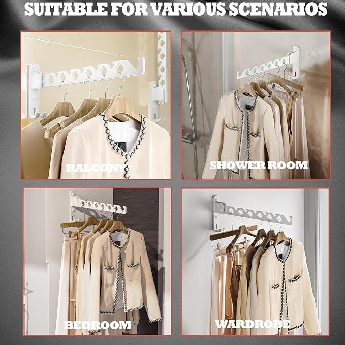 Dr.DJ Wall Mount Coat Hanger Holder White Clothes Drying Organizer Rack Garment Hooks Aluminium Retractable Folding Indoor Wall Mounted Hanger for Laundry Room Bedroom White 2Pack with 80cm Rod