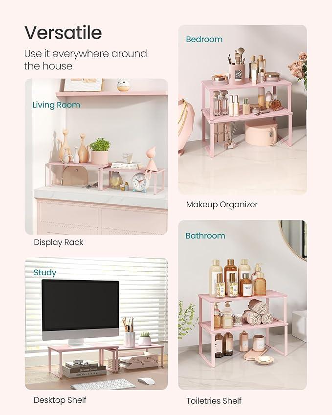 SONGMICS Cabinet Organizer Shelf, Set of 2 Kitchen Counter Shelves, Kitchen Storage, Spice Rack, Stackable, Expandable, Metal and Engineered Wood, Jelly Pink UKCS025S01
