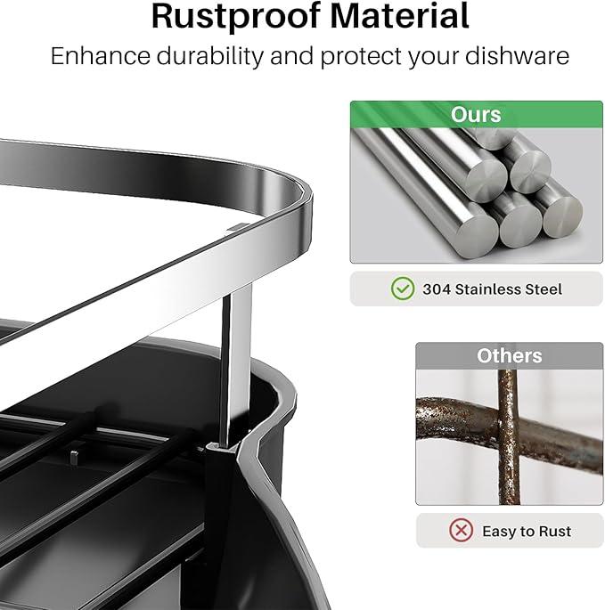 Dish Drying Rack, Expandable Dish Rack for Kitchen Counter, Stainless Steel Dish Drainer with Drainboard Set and Utensil Holder (Black)