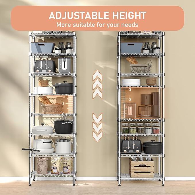 8 Tier 2000 lbs Storage Rack Metal Wire Shelving Unit, Storage Standing Shelf Organizer for Laundry Bathroom Kitchen Pantry Closet Garage Utility Room, Chrome 13.8