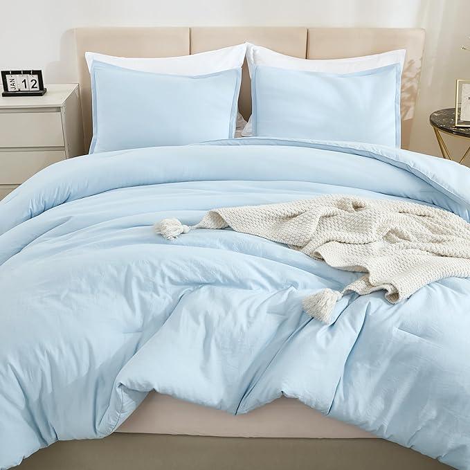 Litanika Comforters Light Blue Queen Size, 3 Pieces Lightweight Solid Bedding Comforter Set, All Season Fluffy Bed Set (90x90In Comforter & 2 Pillowcases)