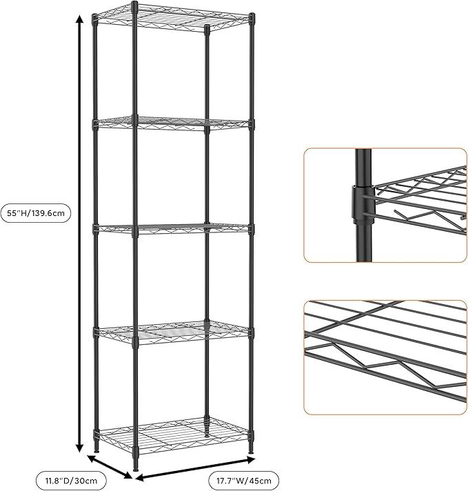 5 Tiers Shelf Metal Storage Shelves Wire Rack Closet Organizers with Wheel for Garage Kitchen Bathroom Laundry Black 11.8