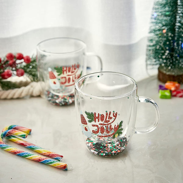 Set of 2 Holly Jolly Christmas Design Tumbler Mugs - Confetti Filled 9.5 oz Decorated Christmas Glass - Perfect for Wine, Eggnog, Cocoa, Holiday Parties & Festivities - 4.25