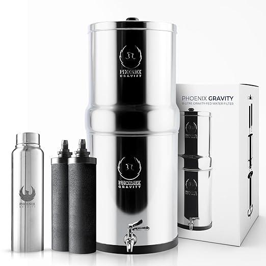Gravity Water Filter System 2.25 Gallons NSF Certified - AISI 304 Stainless Steel Countertop Water Filtration with 2 Smart (Black) Carbon Filter Elements & Stainless Steel Water Spigot