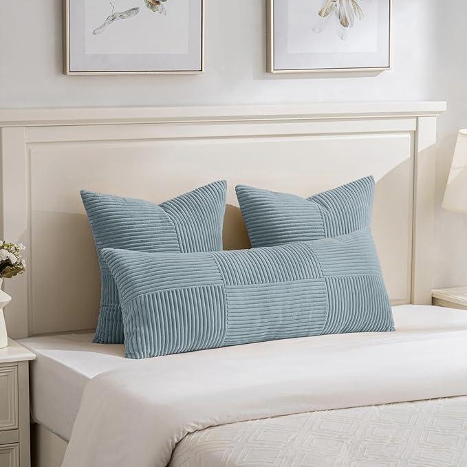 Fancy Homi Set of 2 Light Blue Decorative Throw Pillow Covers 20x20 Inch for Living Room Couch Bed Sofa, Farmhouse Boho Home Decor, Soft Cross Corduroy Patchwork Accent Square Cushion Case 50x50 cm