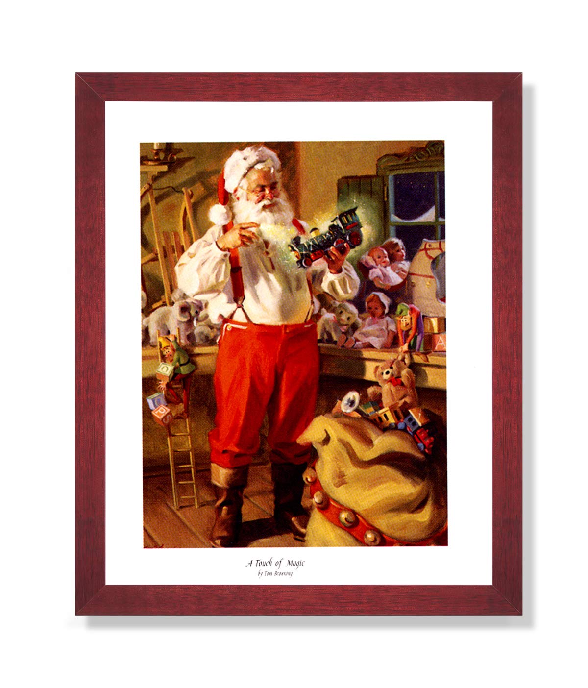 Christmas Art Print – Santa Claus Artwork Framed Wall Art with Cherry Finish Frame