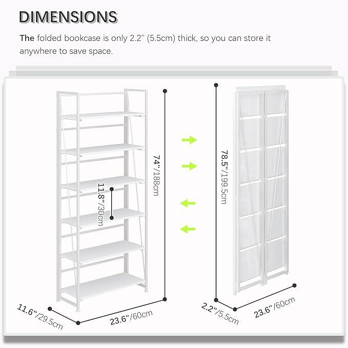 4NM No Assembly Foldable Bookshelf, 6-Shelf Collapsible Bookcase Storage for Small Spaces, 74