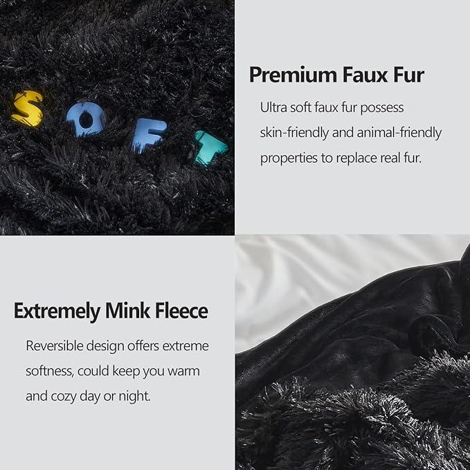 GONAAP Fuzzy Faux Fur Throw Blanket Queen Size Black Super Soft Cozy Plush Fuzzy Shaggy Blanket for Couch Sofa Bed (Black, Queen(90