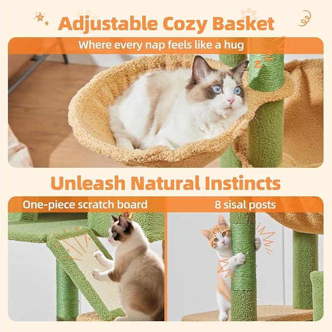 Taoqimiao Cactus Cat Tree, 71-Inch Cat Tower for Indoor Cats Large Adult, Multi-Level Large Cat Condo, 8 Sisal Scratching Posts, Metal Frame Cozy Hammock, Scratch Board, 2 Top Perches, MSC026L