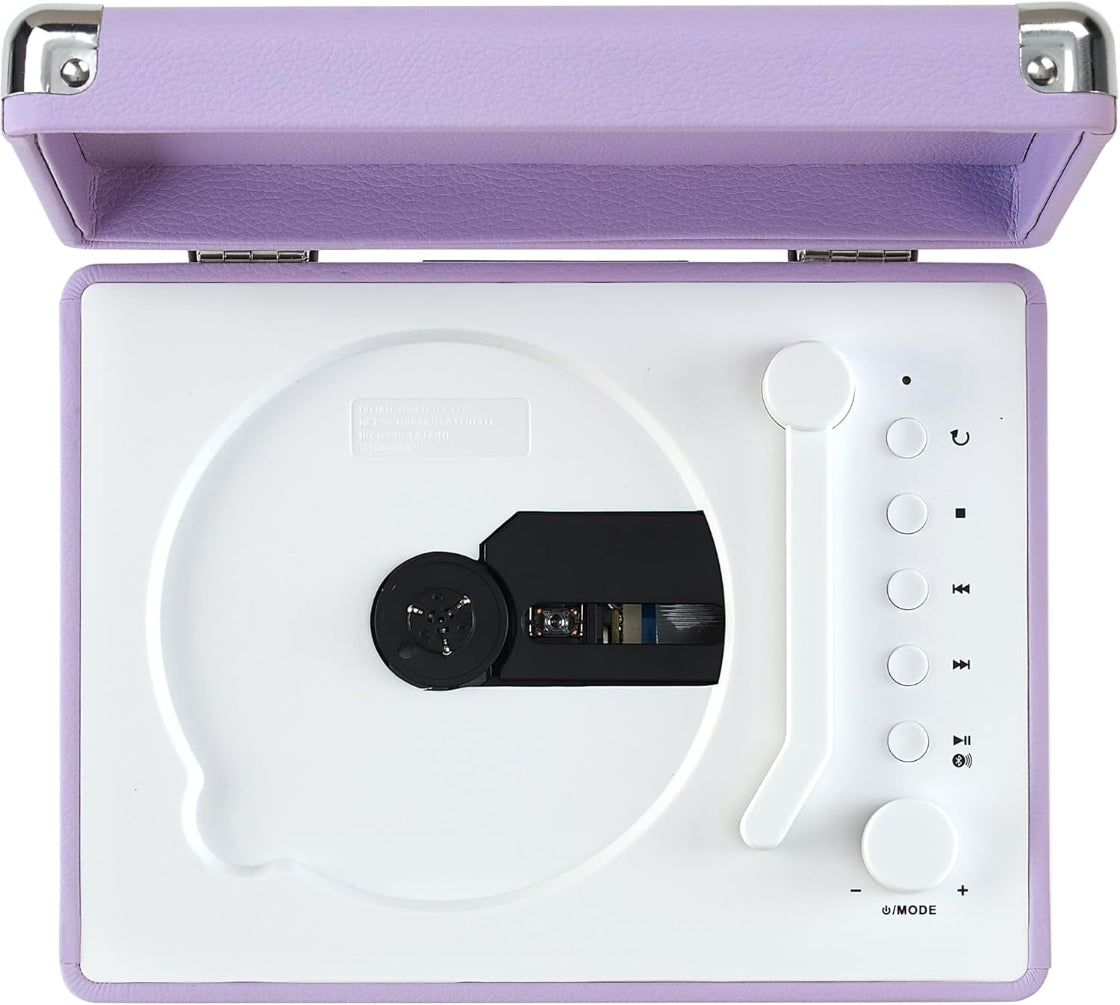 Small portable record player with a purple casing on a white background