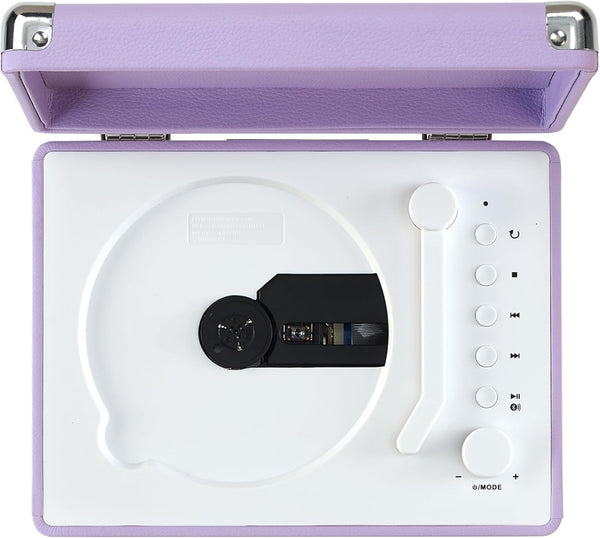 Small portable record player with a purple casing on a white background