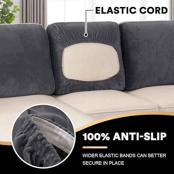 PrinceDeco Sectional Couch Covers Velvet Cushion Covers for Sectional Couch Cushion Covers for Sectional Sofa Separate Sectional Sofa Slipcovers Washable(1 Chaise Back+ 2 Sofa Back,Grey)
