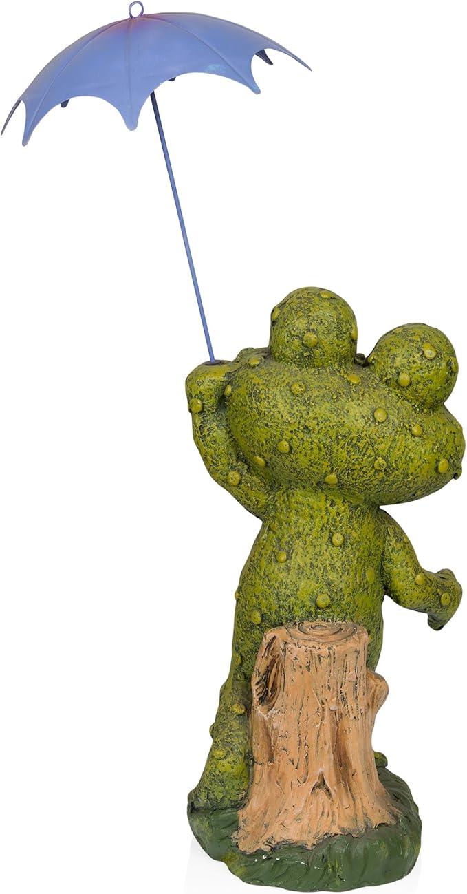Alpine Corporation QWR1002 Indoor/Outdoor Smiling Frog with Purple Umbrella Garden Statue, Playful Frog Statue, 27