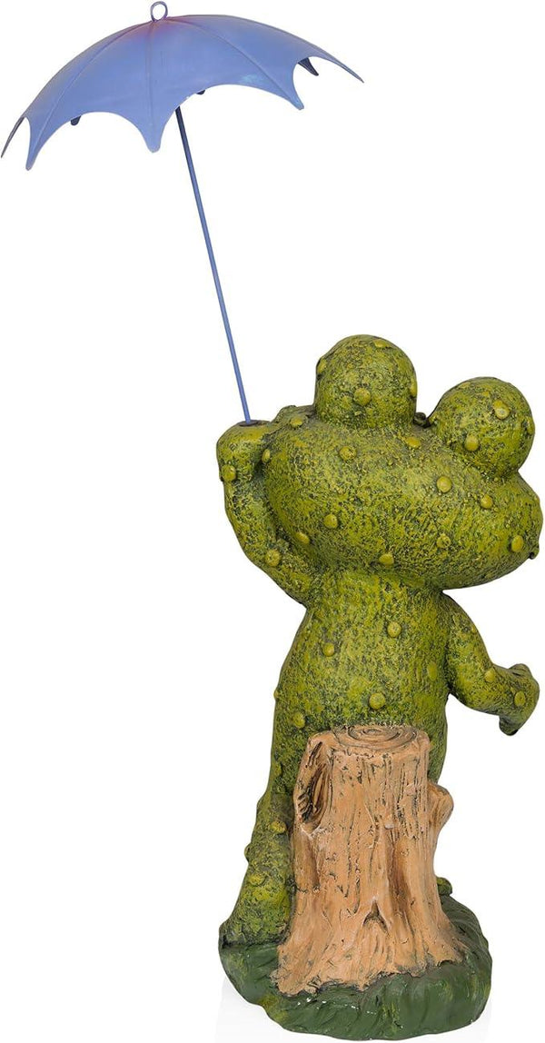 Alpine Corporation QWR1002 Indoor/Outdoor Smiling Frog with Purple Umbrella Garden Statue, Playful Frog Statue, 27