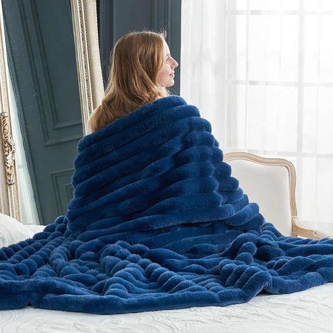 Cozy Bliss Faux Fur Throw Blanket for Couch, Cozy Warm Plush Striped Blanket for Sofa Bedroom Living Room,60 * 80 Inches Navy Blue