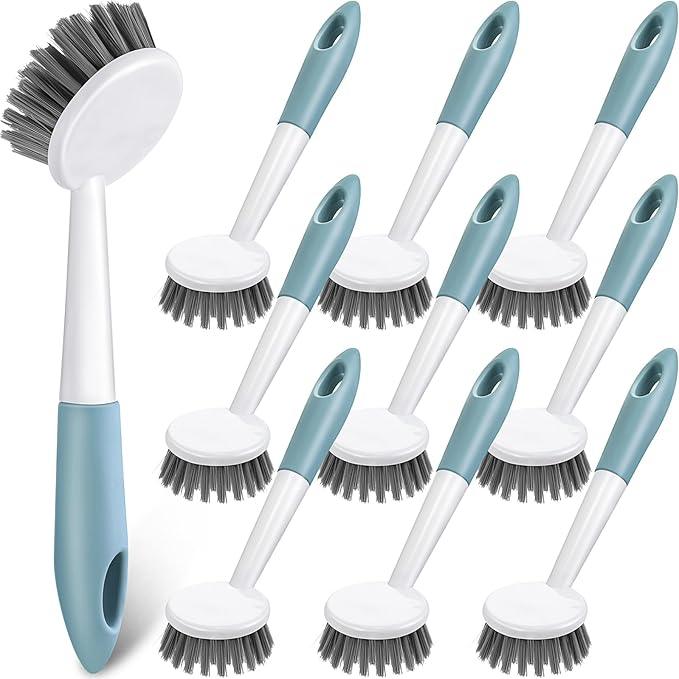 Patelai 12 Pack Kitchen Scrub Dish Brush with Long Handle Dish Scrubber with Stiff Bristles Scrub Brushes for Kitchen Dishes Washing Tools, Pots, Pans and Sink Cleaning (Celadon)