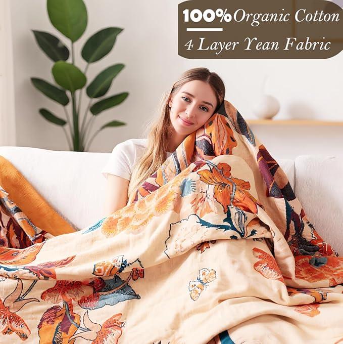 Boho Throw Blanket, 100% Organic Cotton Breathable Soft Lightweight All Season Rustic Bed Throw - Floral Bird Farmhouse Decor Blanket for Sofa Couch Chair Quilt and Gift. 60