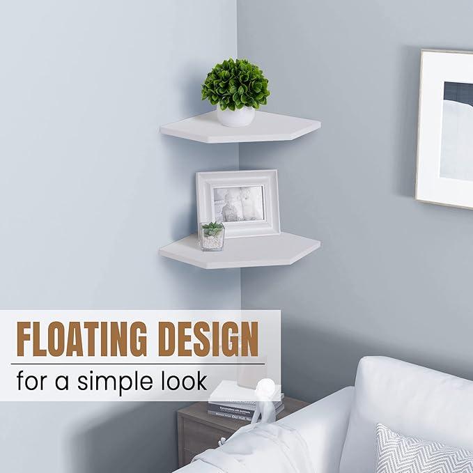 Corner Shelf Wall Mount, Floating Corner Shelves, Set of 4 Corner Wall Shelf Organizer, Rustic Wood Wall Storage Display Shelves for Living Room Bedroom Bathroom Kitchen, Rustic White