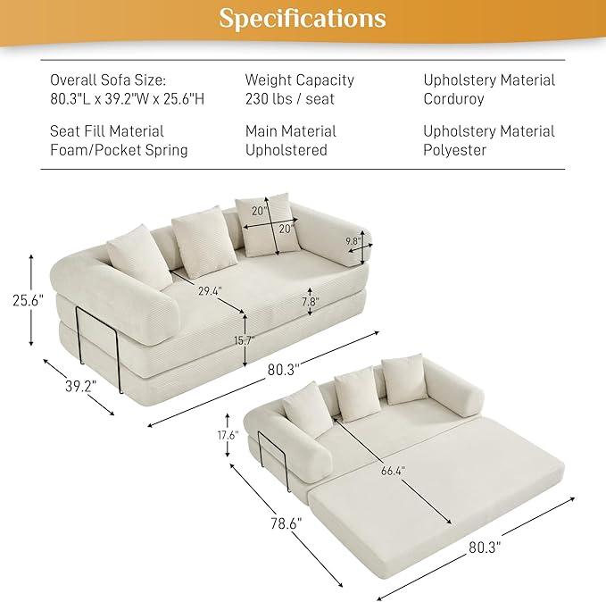 Convertible Sleeper Sofa Bed with Pillow, 4-in-1 Corduroy Folding Mattress Couch with Fixed-Shape Frame, Fold Out Floor Sofa Cama Lounge Couch for Living Room Bedroom Studio, Beige White