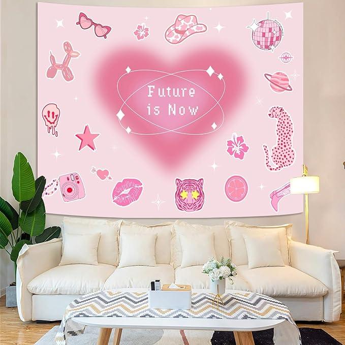 Lunerfex Y2K Tapestry Pink Wall Tapestry, Cute Tapestries for Bedroom Funny Tapestries Wall Hanging for Bedroom Living Room Decor Pink-4 44