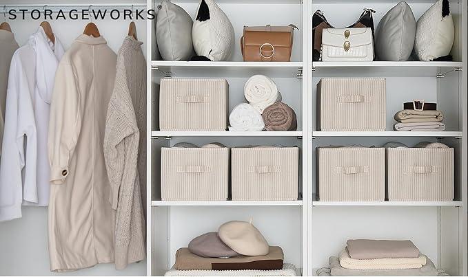StorageWorks Storage Baskets for Shelves, Foldable Fabric Closet Storage Bins with Handles, Fabric Storage Bins Clothes Organizer, Beige Stripes, 3-Pack, Large
