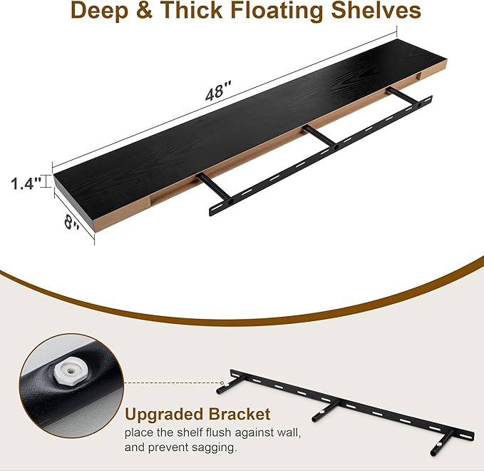 Black Floating Shelves 48 Inch Long, 8 Deep Floating Shelves for Wall, Rustic 48