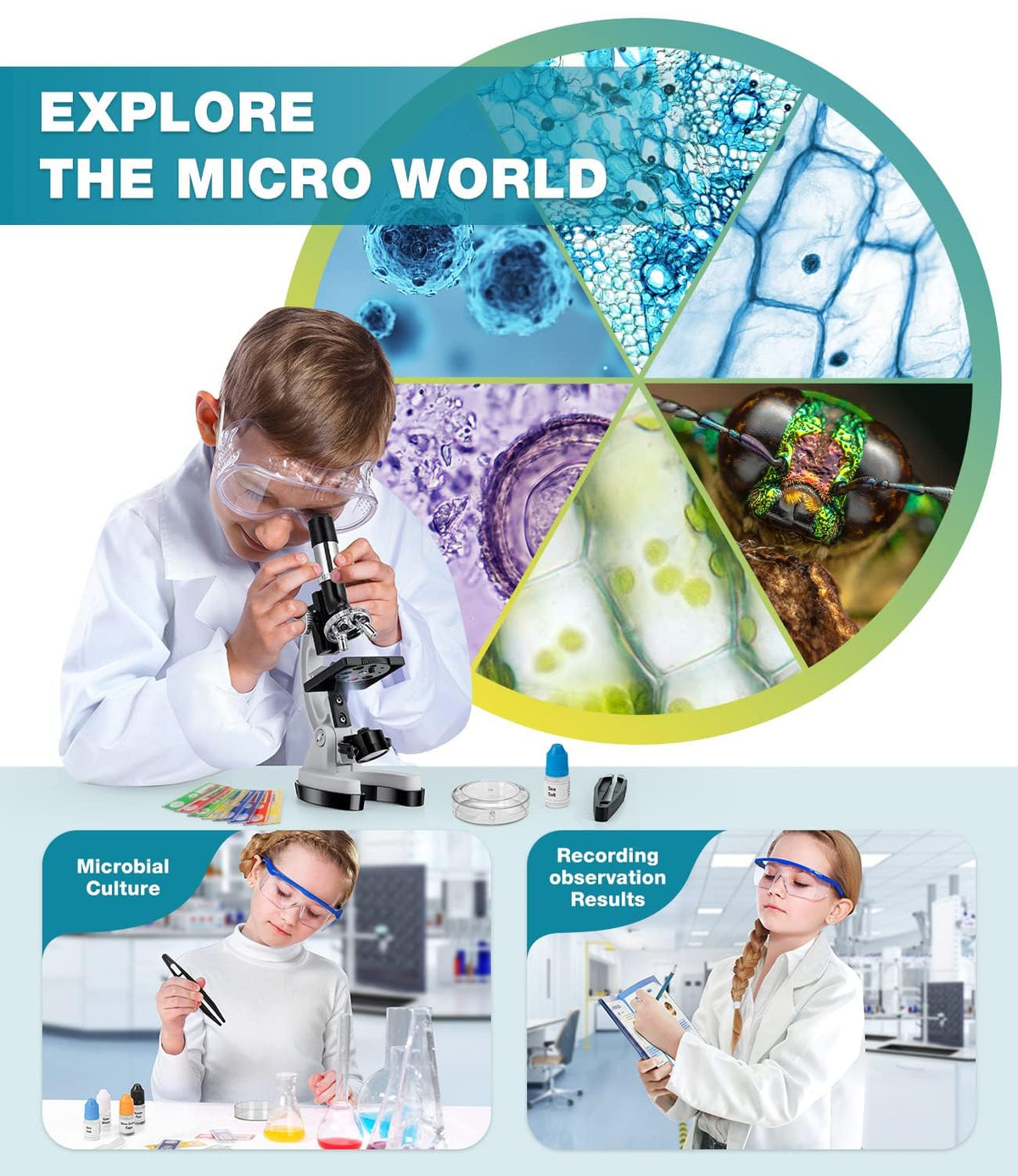 62 Pc Microscope Kit for Kids 5-12, with Prepared and Blank Slides