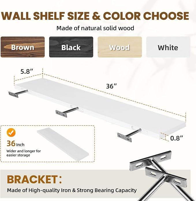 Floating Wall Shelves 2-Pack - 36-Inch Rustic White Wooden Shelves for Storage and Décor, Easy Installation for Living Room, Bedroom, and Kitchen