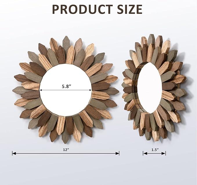 Honiway Boho Wall Decor 12 inch Decorative Mirror with Rustic Wood Sunburst Frame, Perfect for Bedroom, Living Room, Bathroom, Kitchen